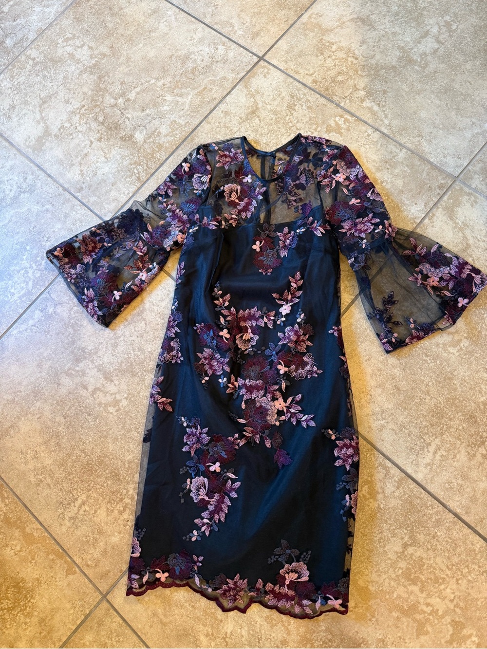 White House Black Market Black Midi Dress with Purple & Pink Floral Embroidery